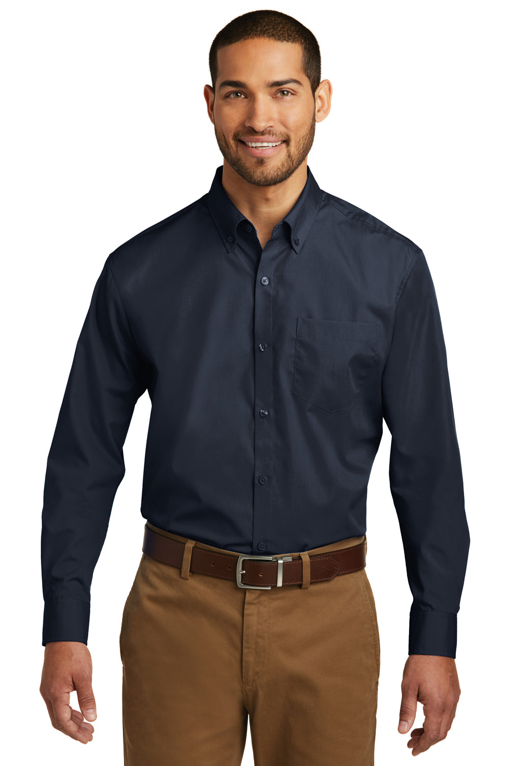 Port Authority W100/TW100 Mens Carefree Stain Resistant Long Sleeve Button Down Shirt w/ Pocket River Navy Blue Model Front