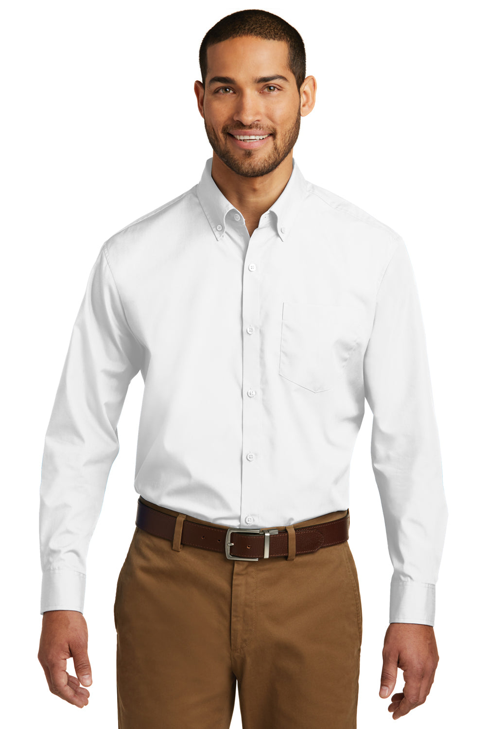 Port Authority W100/TW100 Mens Carefree Stain Resistant Long Sleeve Button Down Shirt w/ Pocket White Model Front