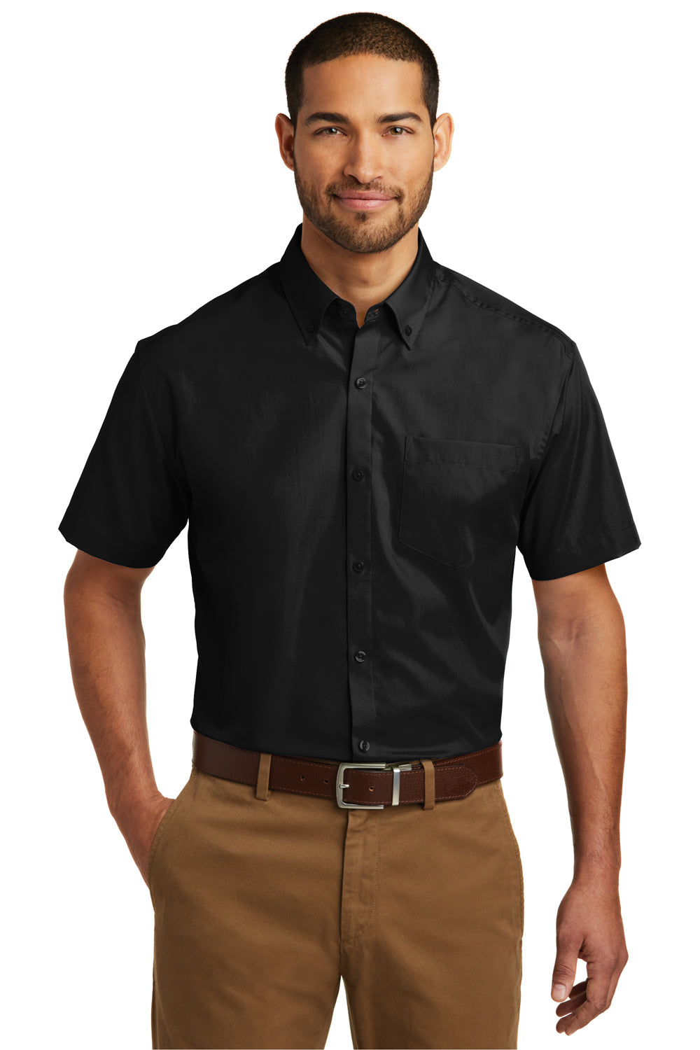 Port Authority W101 Mens Carefree Stain Resistant Short Sleeve Button Down Shirt w/ Pocket Deep Black Model Front