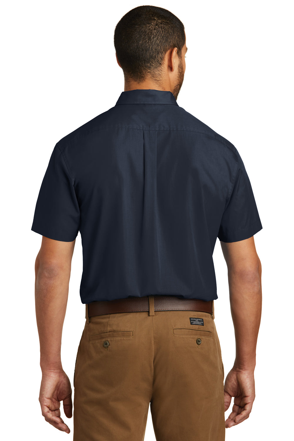 Port Authority W101 Mens Carefree Stain Resistant Short Sleeve Button Down Shirt w/ Pocket River Navy Blue Model Back