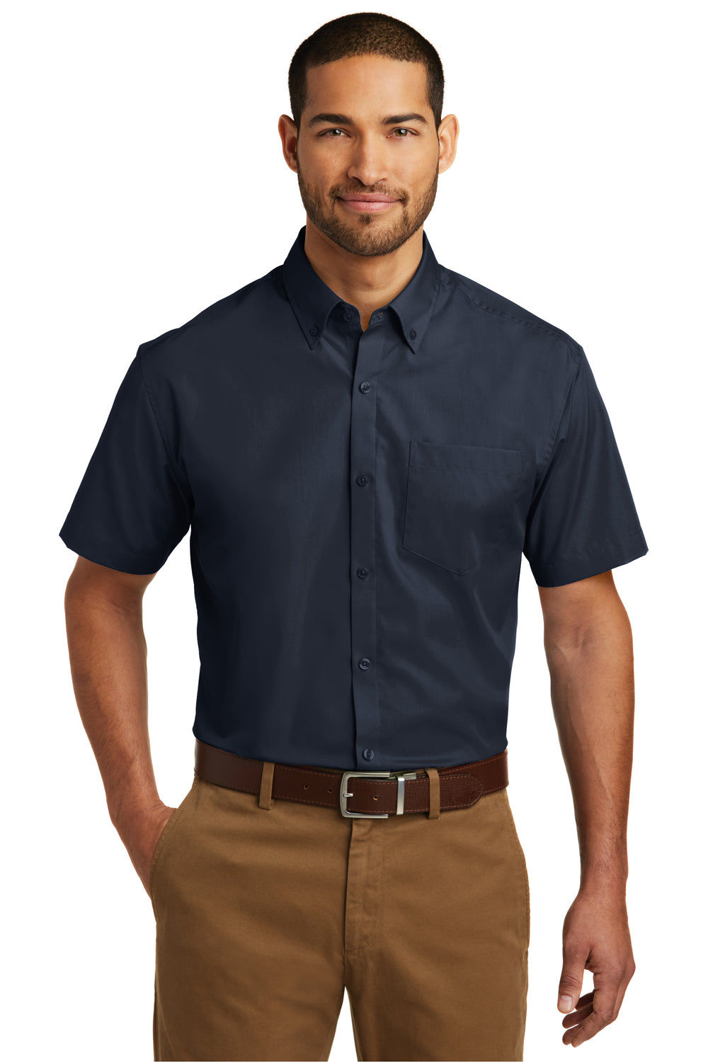 Port Authority W101 Mens Carefree Stain Resistant Short Sleeve Button Down Shirt w/ Pocket River Navy Blue Model Front