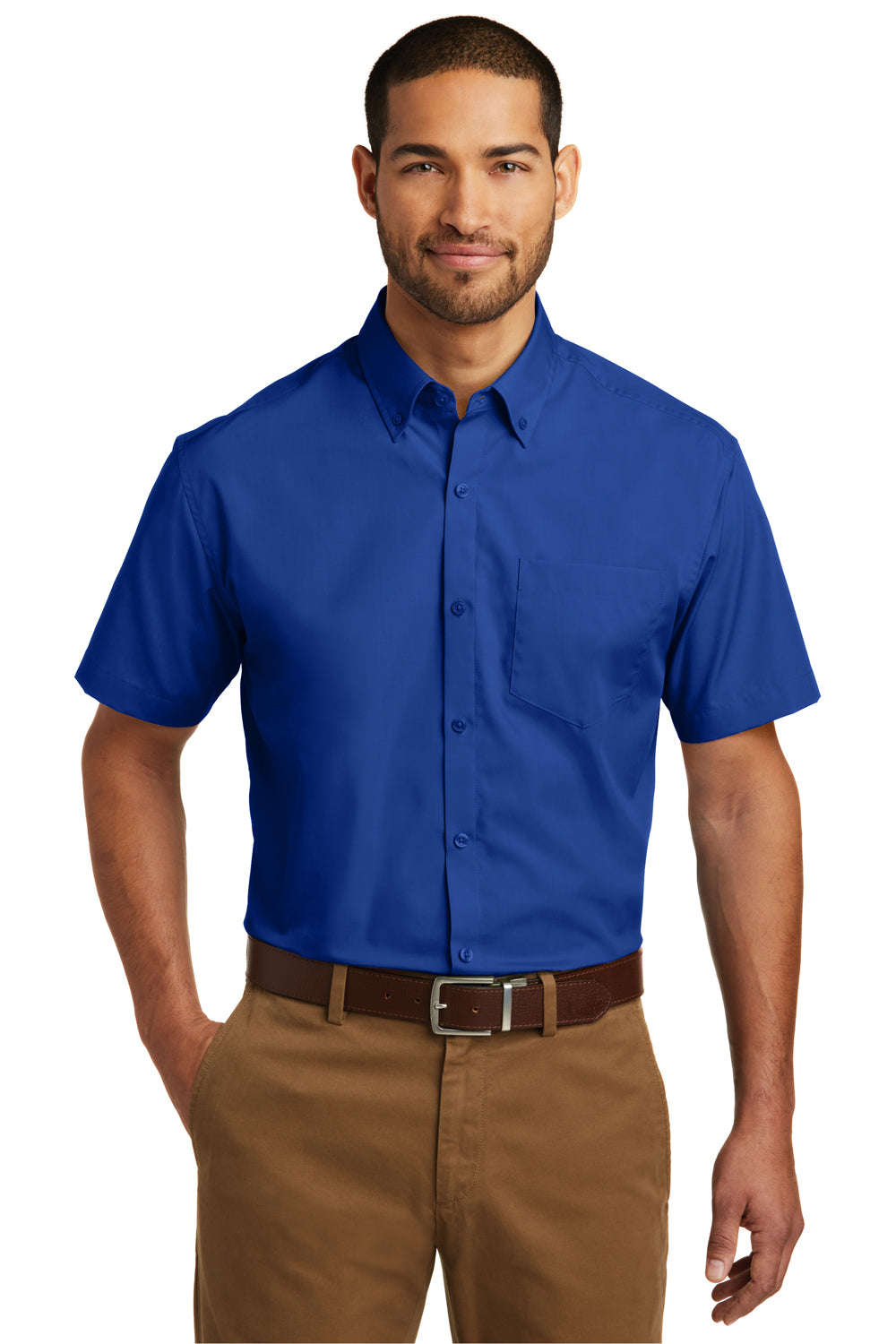 Port Authority W101 Mens Carefree Stain Resistant Short Sleeve Button Down Shirt w/ Pocket True Royal Blue Model Front