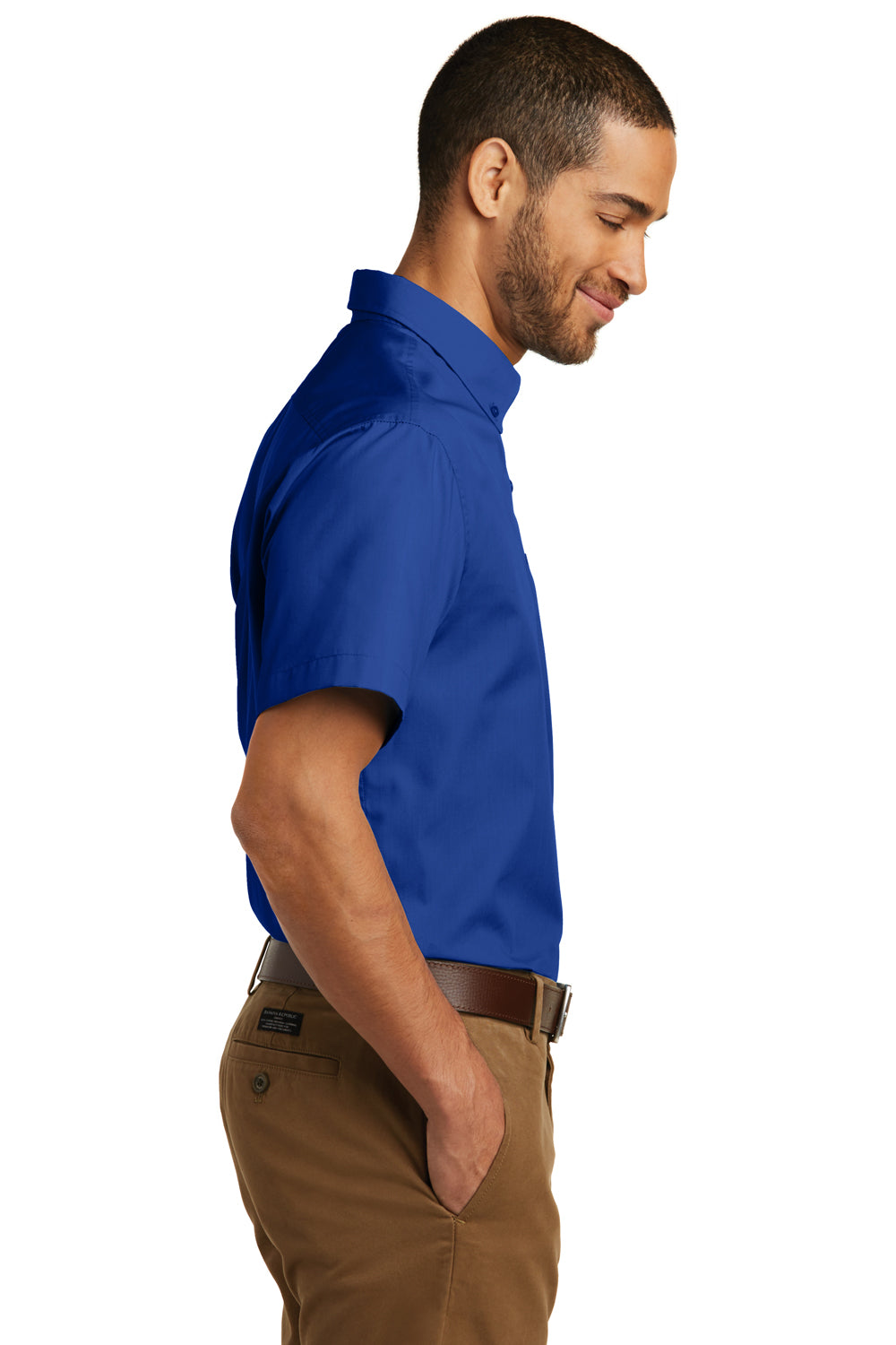 Port Authority W101 Mens Carefree Stain Resistant Short Sleeve Button Down Shirt w/ Pocket True Royal Blue Model Side