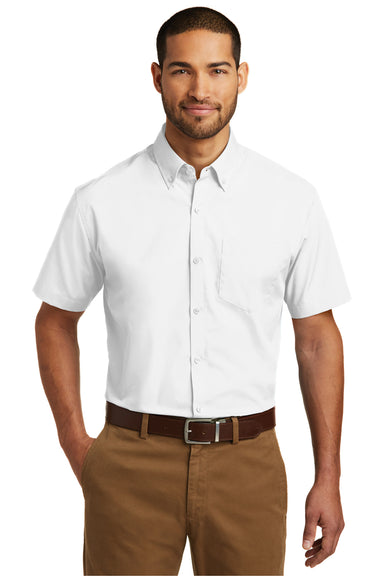 Port Authority W101 Mens Carefree Stain Resistant Short Sleeve Button Down Shirt w/ Pocket White Model Front