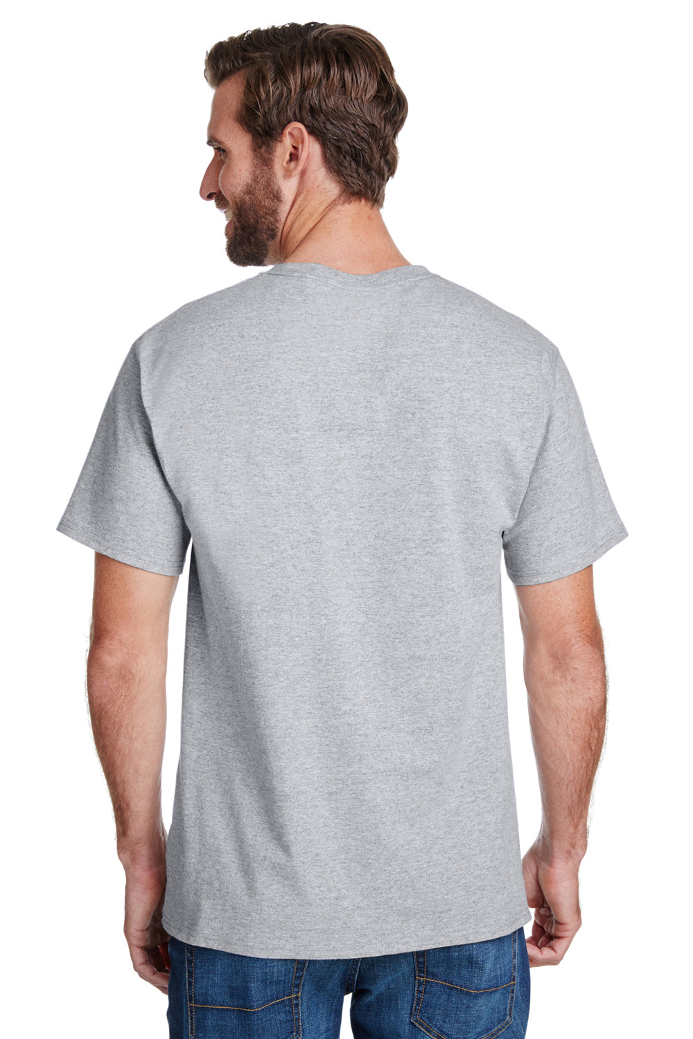 Hanes W110 Mens Workwear UPF 50+ Short Sleeve Crewneck T-Shirt w/ Pocket Light Steel Grey Model Back