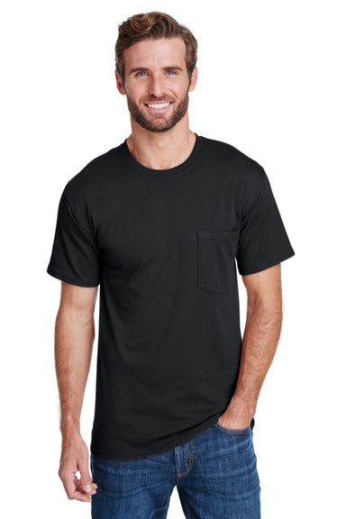 Hanes W110 Mens Workwear UPF 50+ Short Sleeve Crewneck T-Shirt w/ Pocket Black Model Front