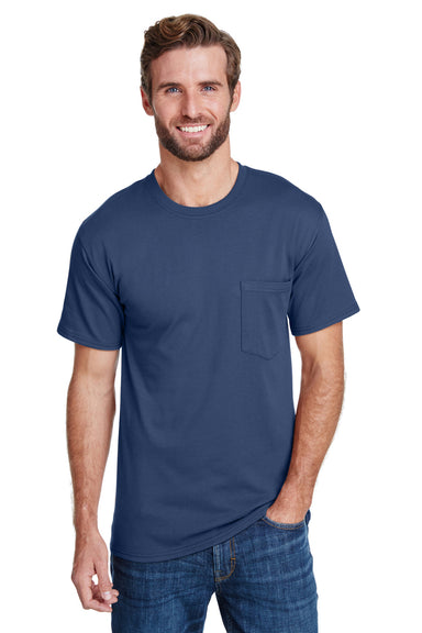 Hanes W110 Mens Workwear UPF 50+ Short Sleeve Crewneck T-Shirt w/ Pocket Navy Blue Model Front