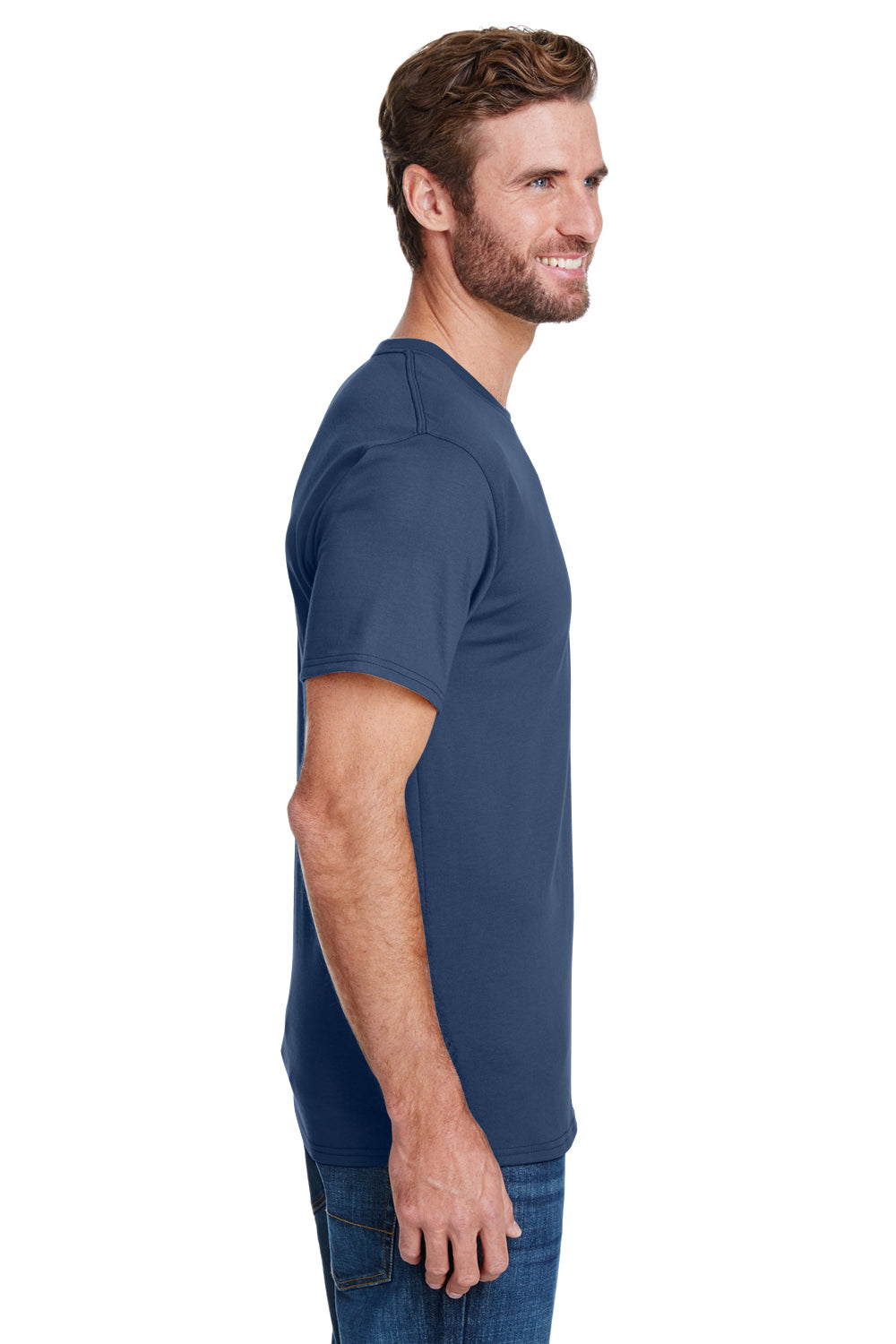 Hanes W110 Mens Workwear UPF 50+ Short Sleeve Crewneck T-Shirt w/ Pocket Navy Blue Model Side