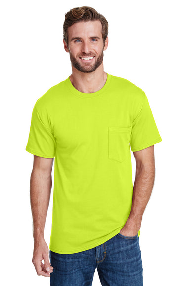 Hanes W110 Mens Workwear UPF 50+ Short Sleeve Crewneck T-Shirt w/ Pocket Safety Green Model Front