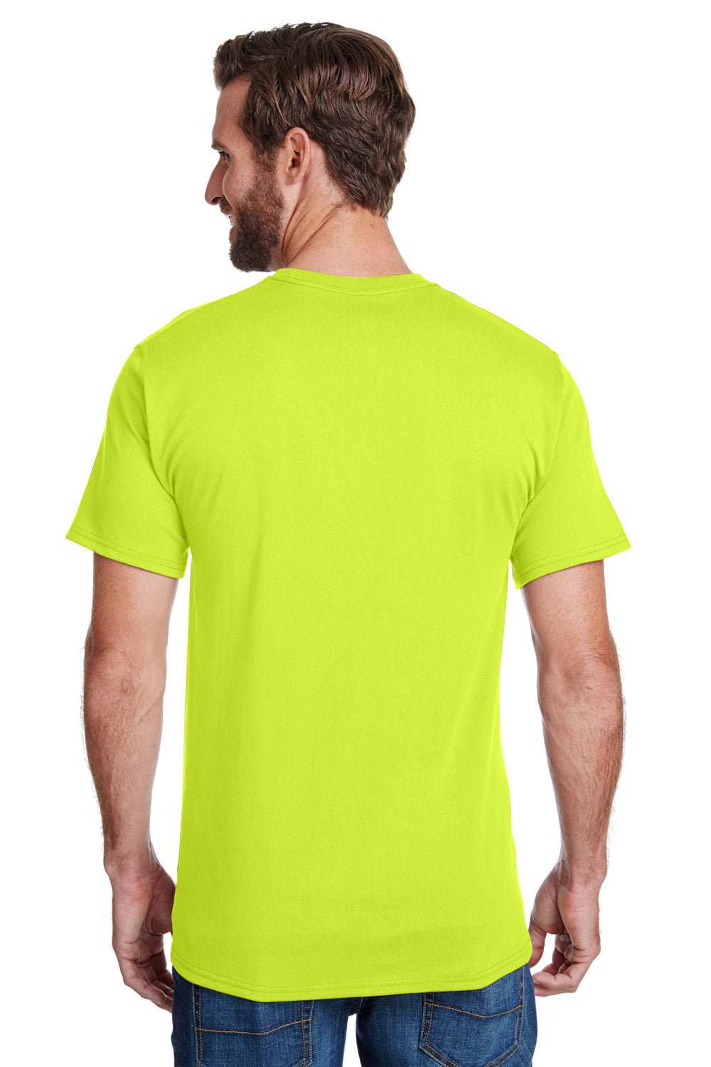 Hanes W110 Mens Workwear UPF 50+ Short Sleeve Crewneck T-Shirt w/ Pocket Safety Green Model Back