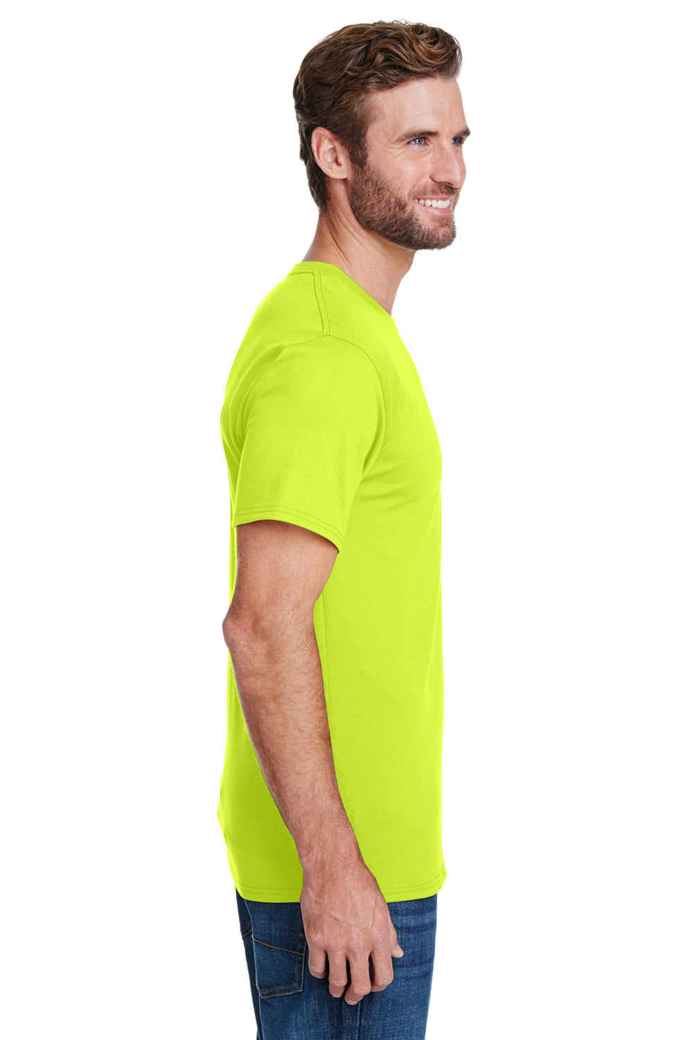 Hanes W110 Mens Workwear UPF 50+ Short Sleeve Crewneck T-Shirt w/ Pocket Safety Green Model Side