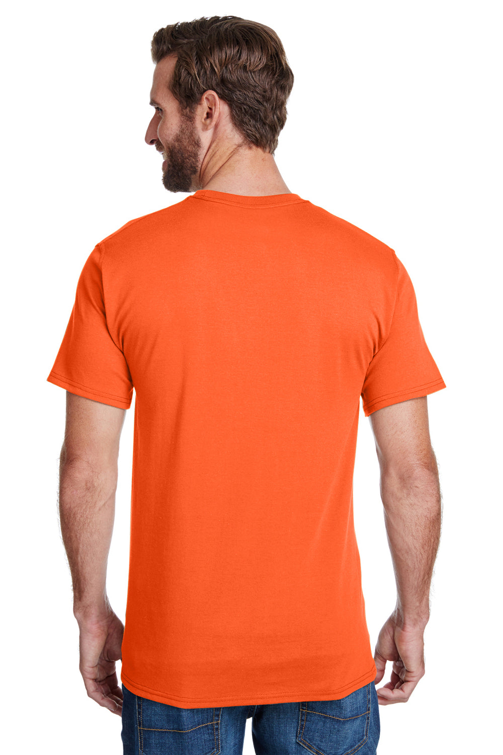 Hanes W110 Mens Workwear UPF 50+ Short Sleeve Crewneck T-Shirt w/ Pocket Safety Orange Model Back