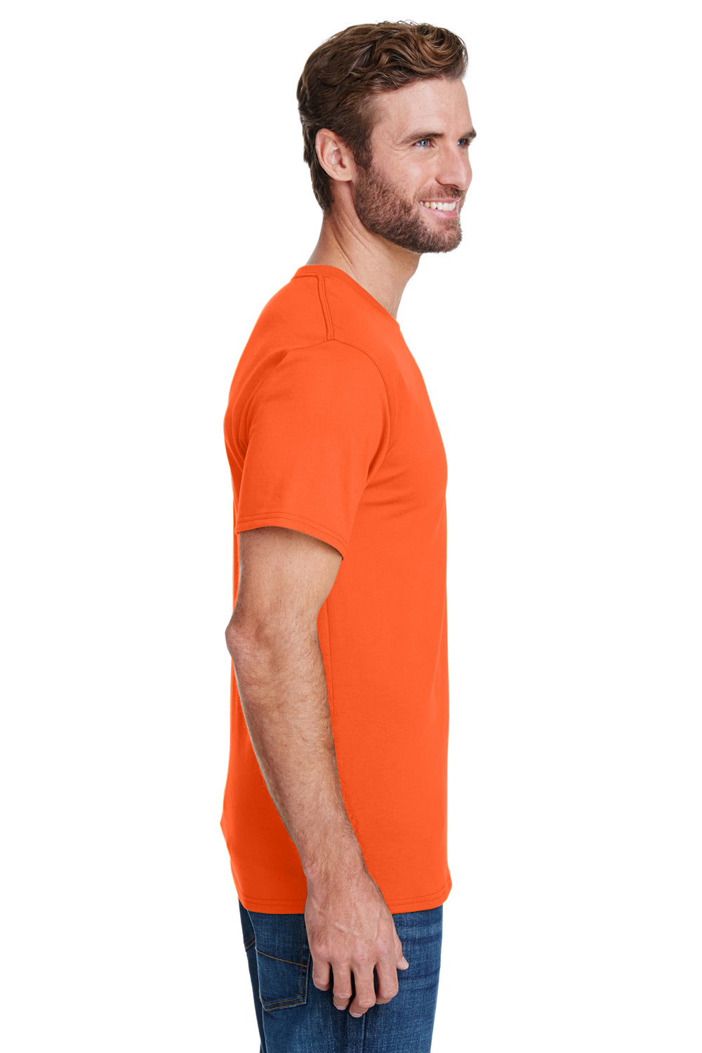 Hanes W110 Mens Workwear UPF 50+ Short Sleeve Crewneck T-Shirt w/ Pocket Safety Orange Model Side