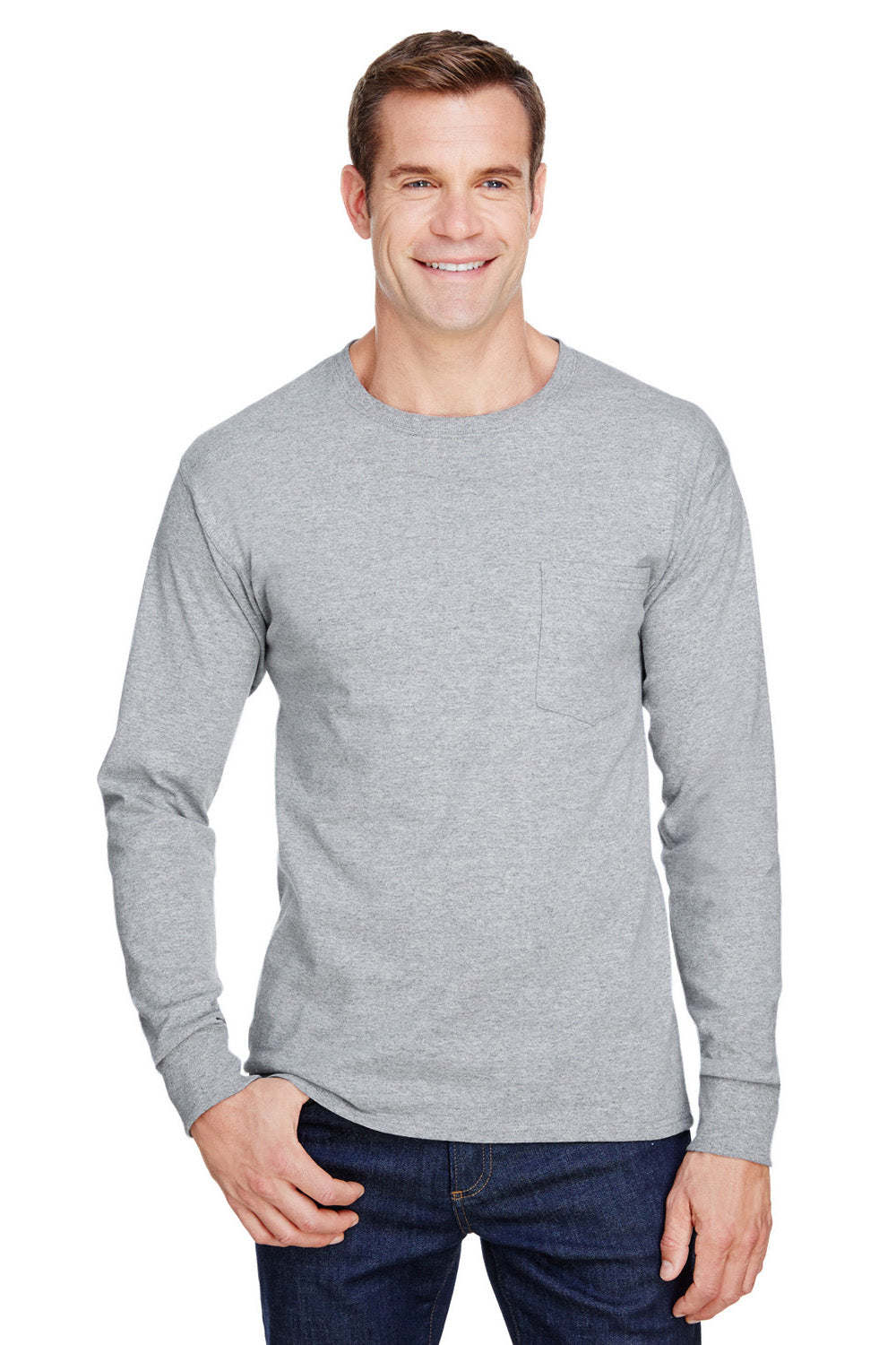 Hanes W120 Mens Workwear UPF 50+ Long Sleeve Crewneck T-Shirt w/ Pocket Light Steel Grey Model Front