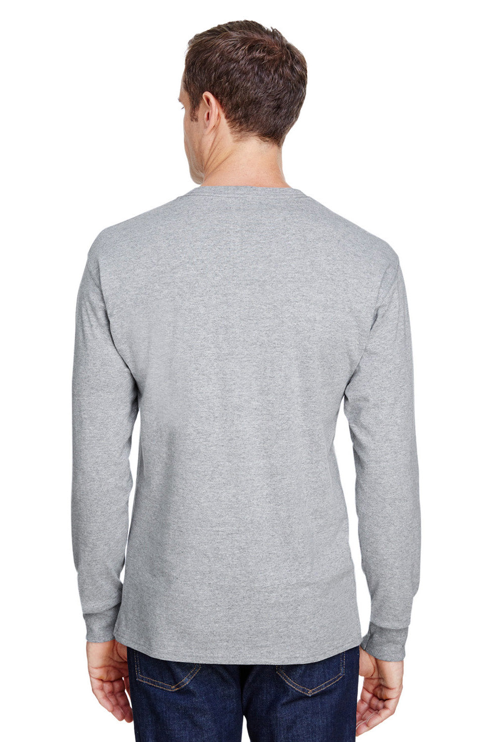 Hanes W120 Mens Workwear UPF 50+ Long Sleeve Crewneck T-Shirt w/ Pocket Light Steel Grey Model Back