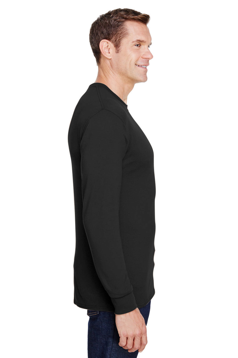 Hanes W120 Mens Workwear UPF 50+ Long Sleeve Crewneck T-Shirt w/ Pocket Black Model Side