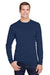 Hanes W120 Mens Workwear UPF 50+ Long Sleeve Crewneck T-Shirt w/ Pocket Navy Blue Model Front