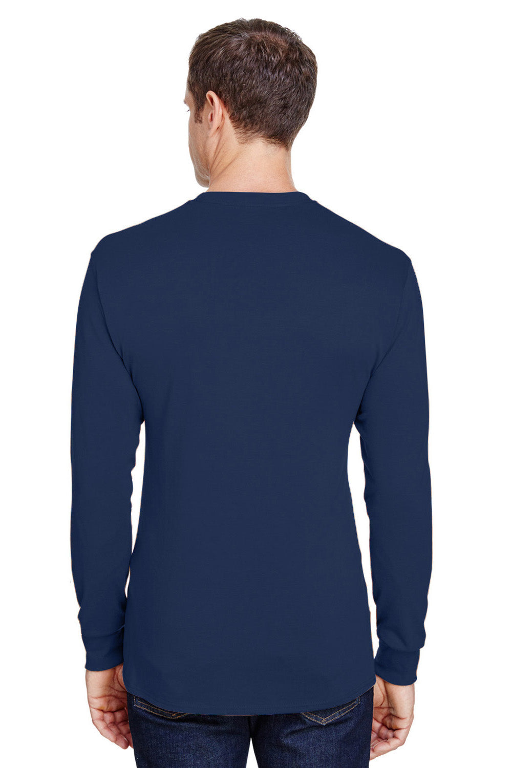 Hanes W120 Mens Workwear UPF 50+ Long Sleeve Crewneck T-Shirt w/ Pocket Navy Blue Model Back