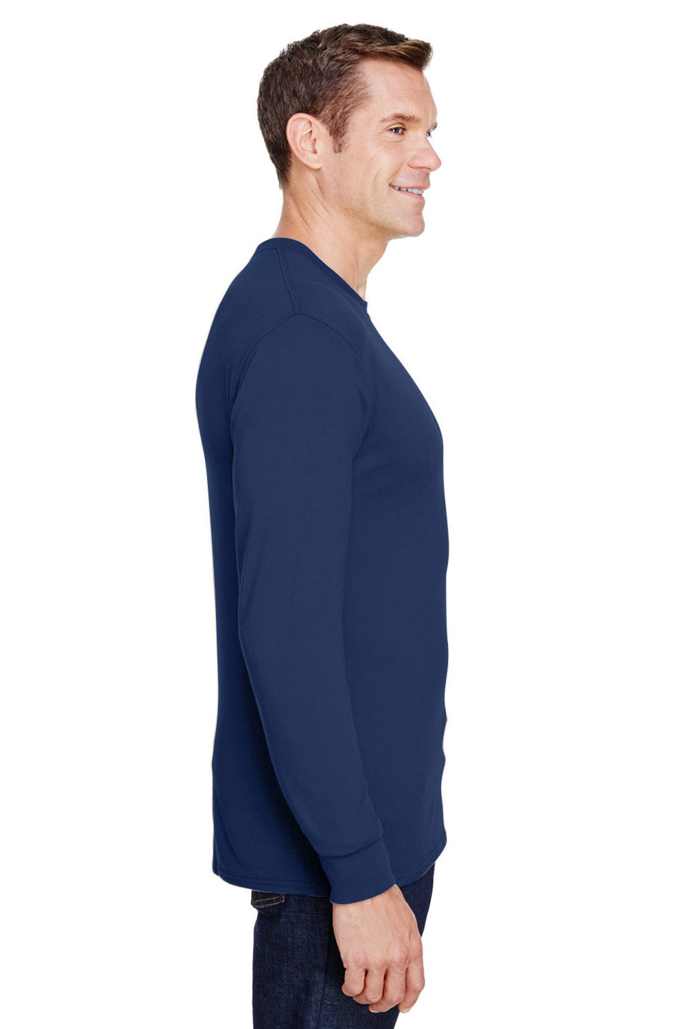 Hanes W120 Mens Workwear UPF 50+ Long Sleeve Crewneck T-Shirt w/ Pocket Navy Blue Model Side