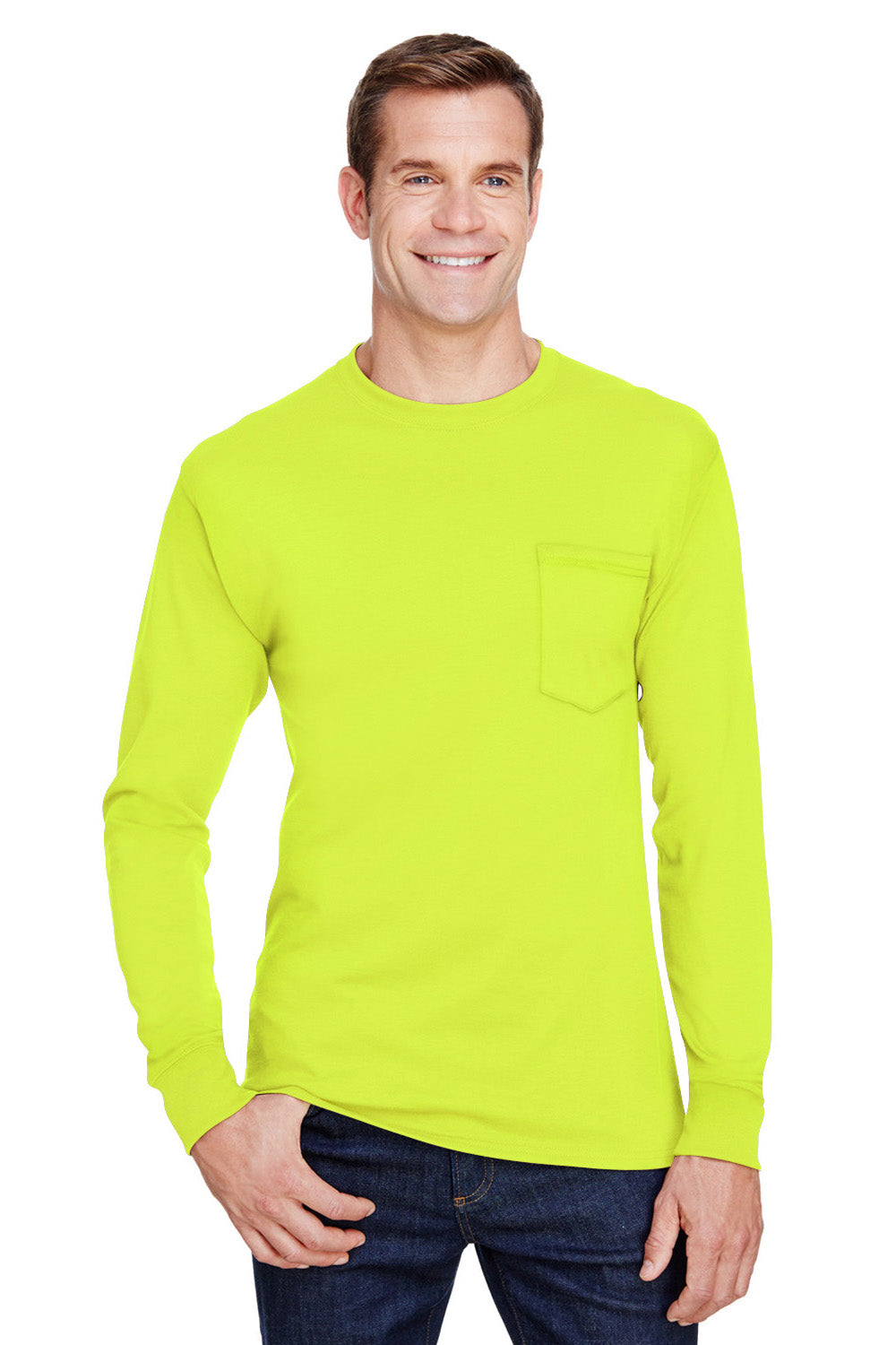 Hanes W120 Mens Workwear UPF 50+ Long Sleeve Crewneck T-Shirt w/ Pocket Safety Green Model Front