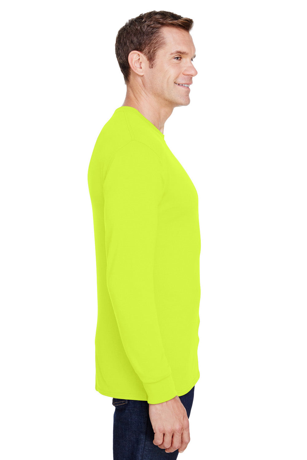 Hanes W120 Mens Workwear UPF 50+ Long Sleeve Crewneck T-Shirt w/ Pocket Safety Green Model Side