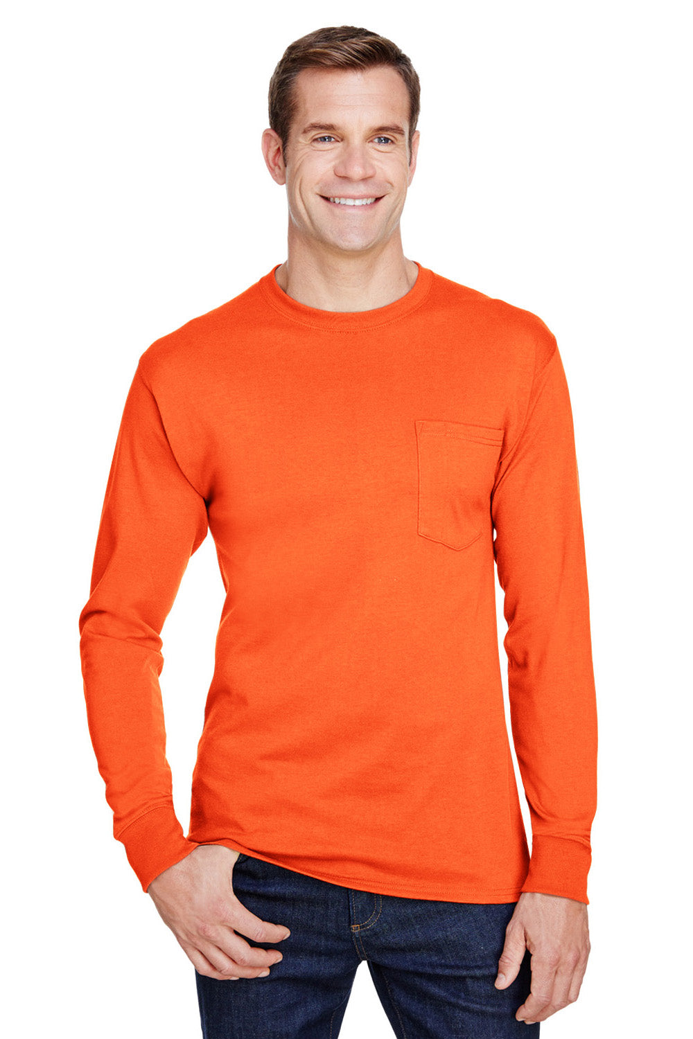 Hanes W120 Mens Workwear UPF 50+ Long Sleeve Crewneck T-Shirt w/ Pocket Safety Orange Model Front