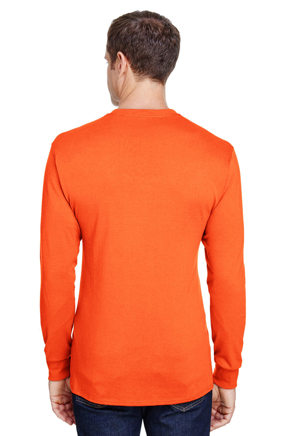 Hanes W120 Mens Workwear UPF 50+ Long Sleeve Crewneck T-Shirt w/ Pocket Safety Orange Model Back