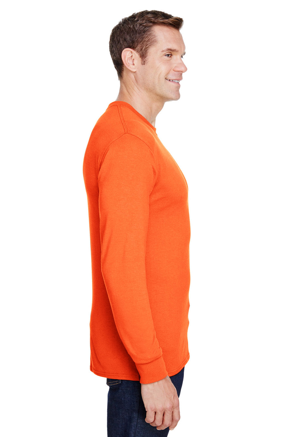 Hanes W120 Mens Workwear UPF 50+ Long Sleeve Crewneck T-Shirt w/ Pocket Safety Orange Model Side