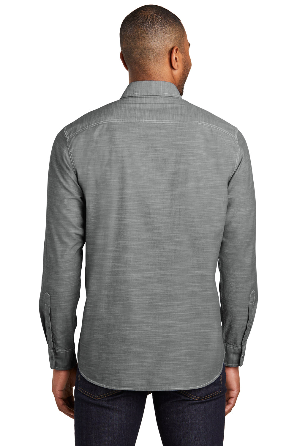 Port Authority W380 Mens Slub Chambray Long Sleeve Button Down Shirt w/ Double Pockets Grey Model Back