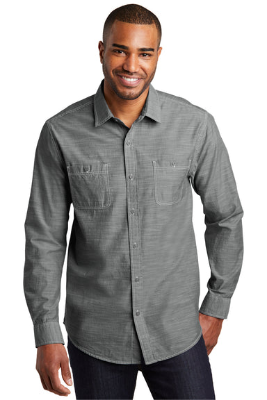 Port Authority W380 Mens Slub Chambray Long Sleeve Button Down Shirt w/ Double Pockets Grey Model Front