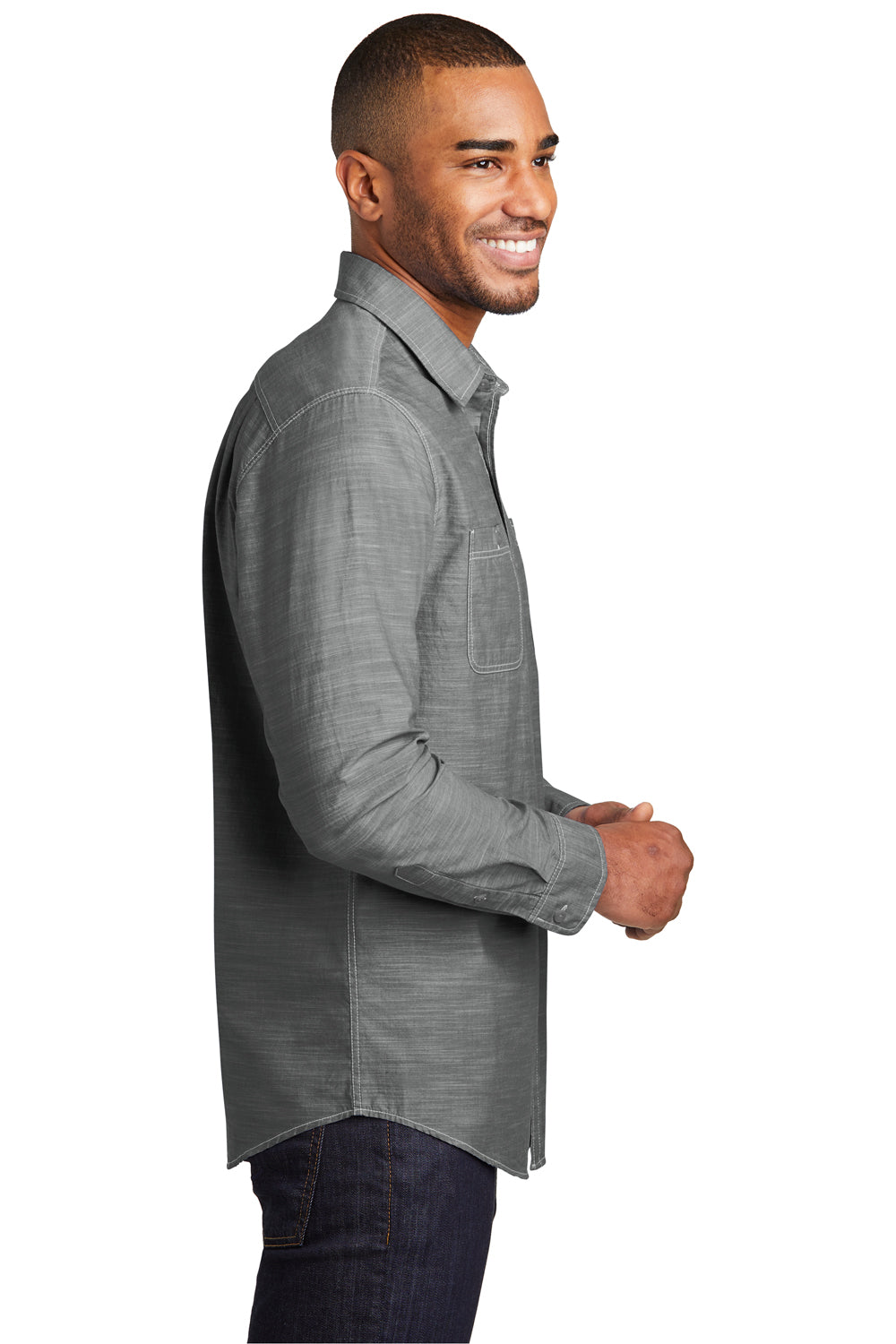 Port Authority W380 Mens Slub Chambray Long Sleeve Button Down Shirt w/ Double Pockets Grey Model Side