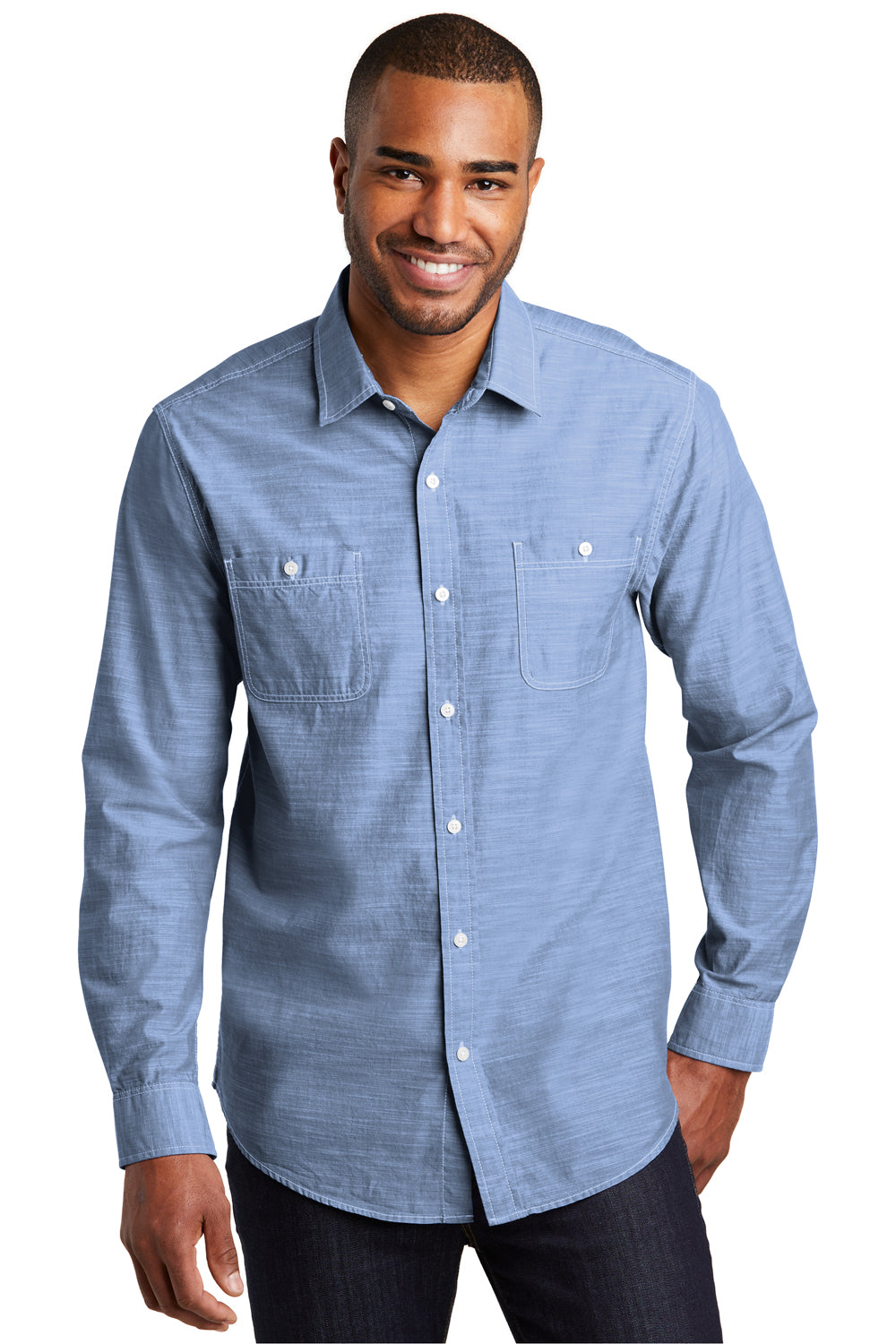 Port Authority W380 Mens Slub Chambray Long Sleeve Button Down Shirt w/ Double Pockets Light Blue Model Front