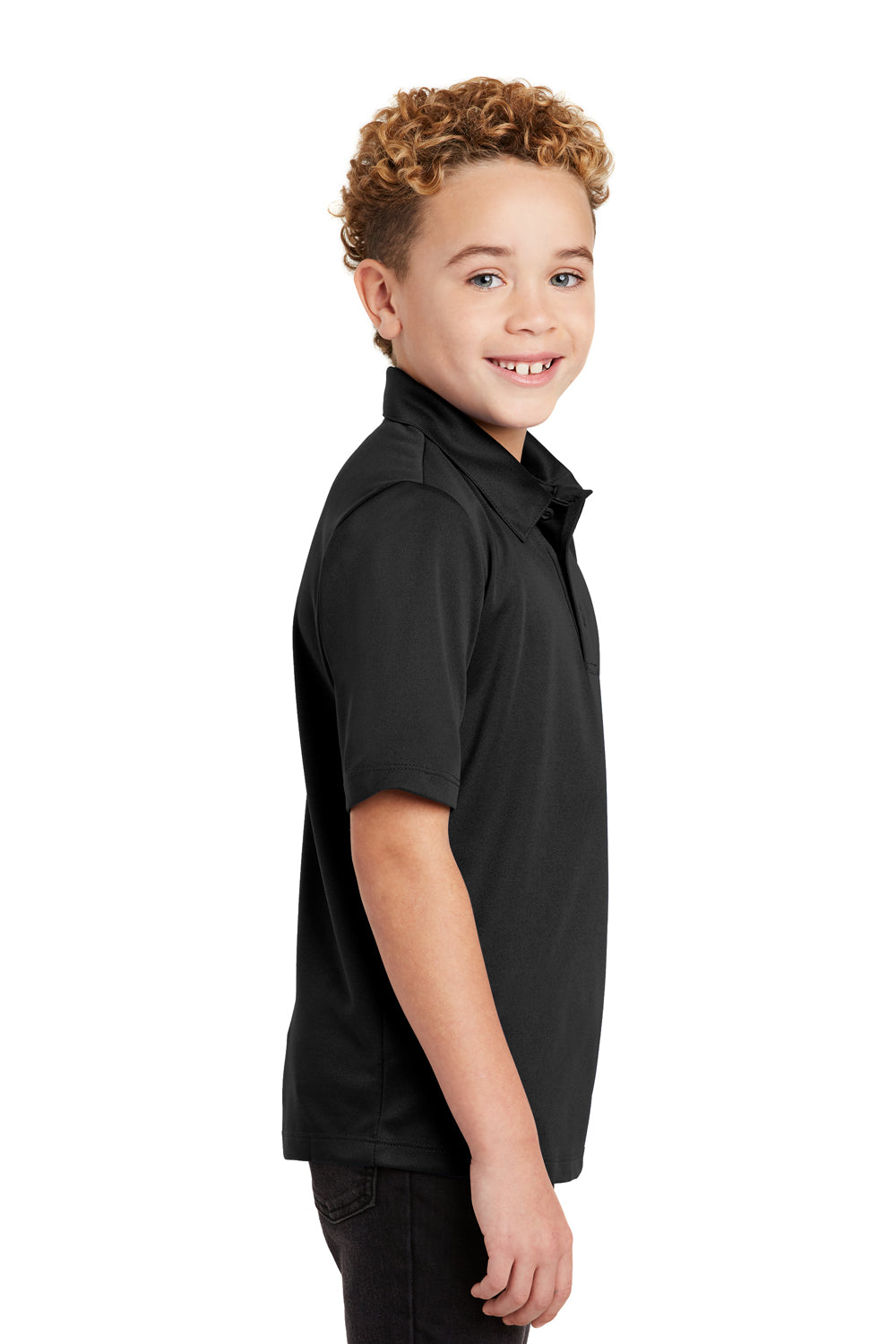 Port Authority Y540 Youth Silk Touch Performance Moisture Wicking Short Sleeve Polo Shirt Black Model Side