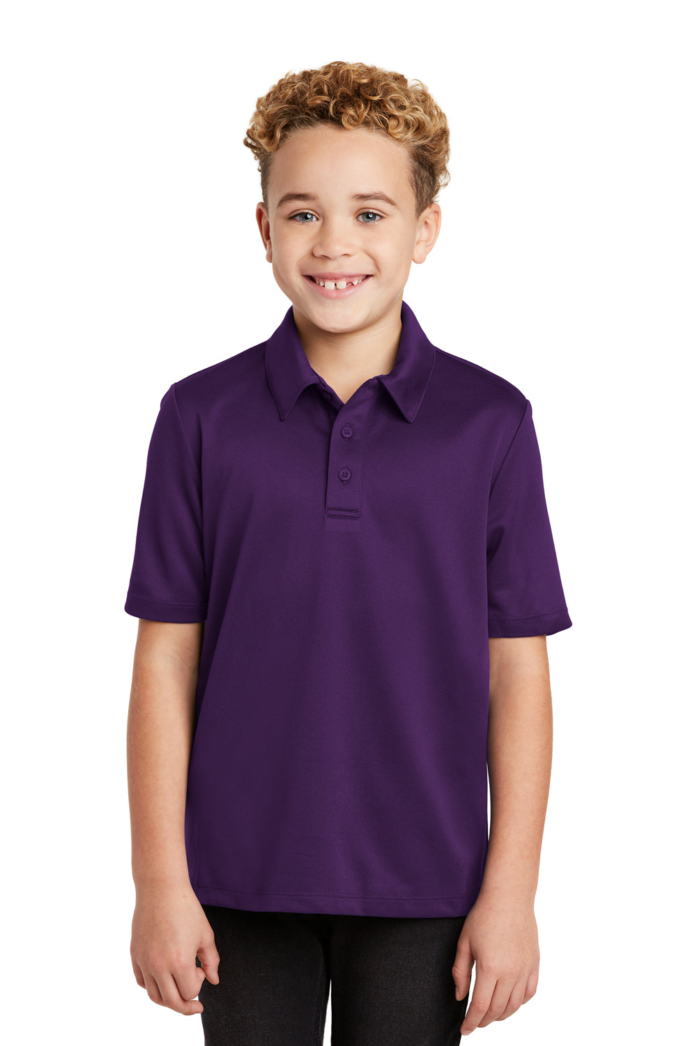 Port Authority Y540 Youth Silk Touch Performance Moisture Wicking Short Sleeve Polo Shirt Bright Purple Model Front