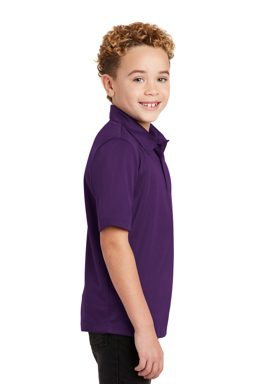 Port Authority Y540 Youth Silk Touch Performance Moisture Wicking Short Sleeve Polo Shirt Bright Purple Model Side