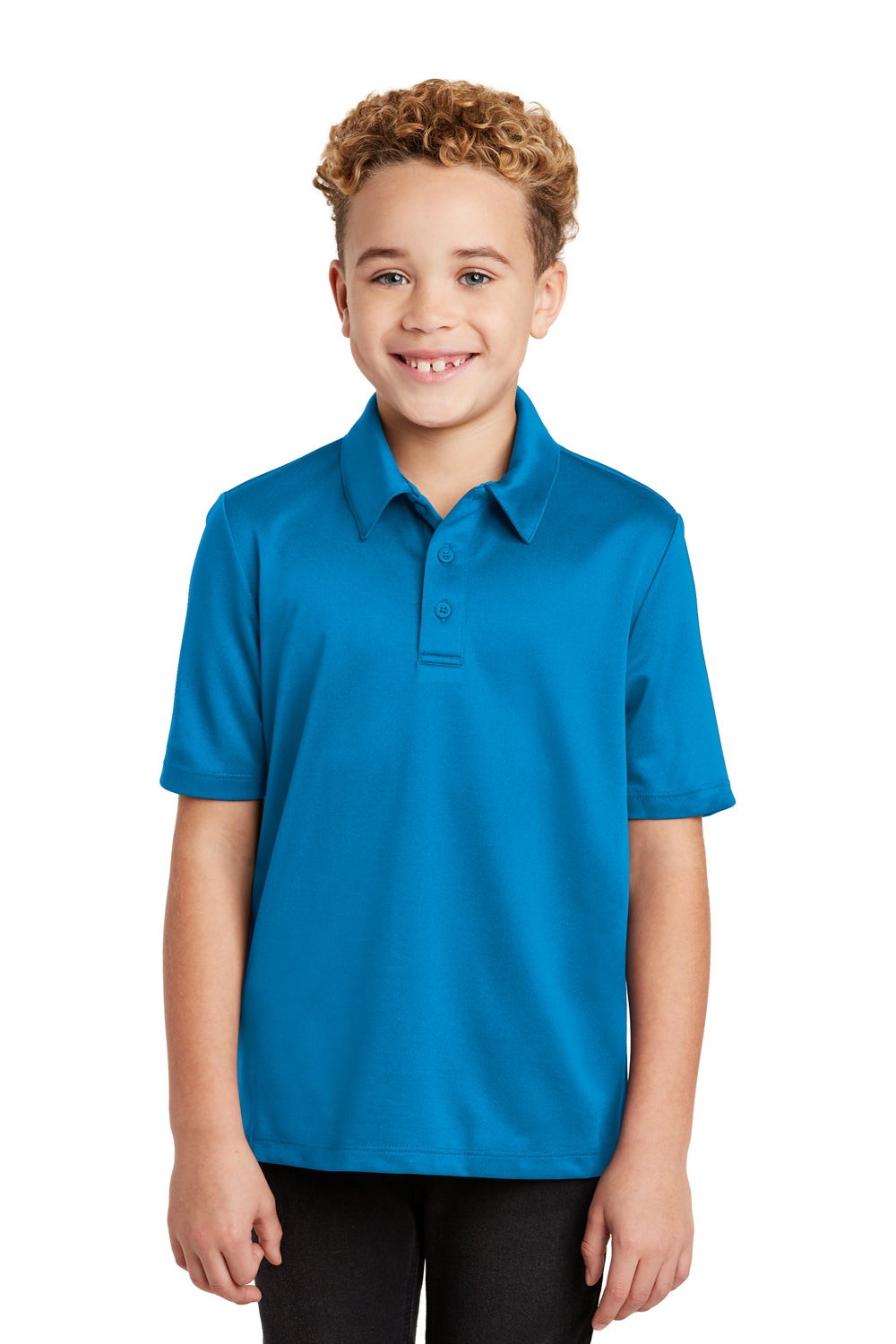 Port Authority Y540 Youth Silk Touch Performance Moisture Wicking Short Sleeve Polo Shirt Brilliant Blue Model Front