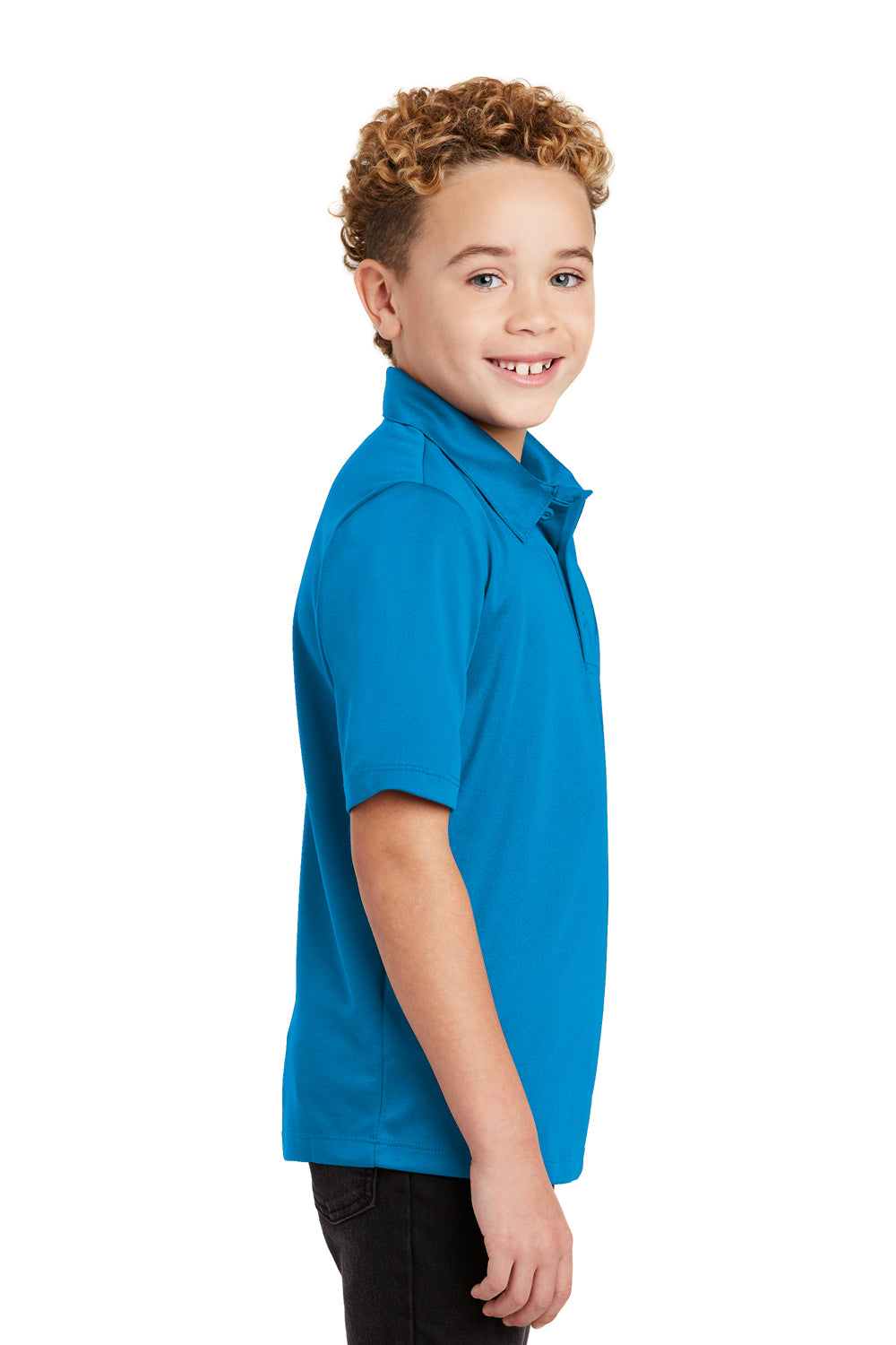 Port Authority Y540 Youth Silk Touch Performance Moisture Wicking Short Sleeve Polo Shirt Brilliant Blue Model Side