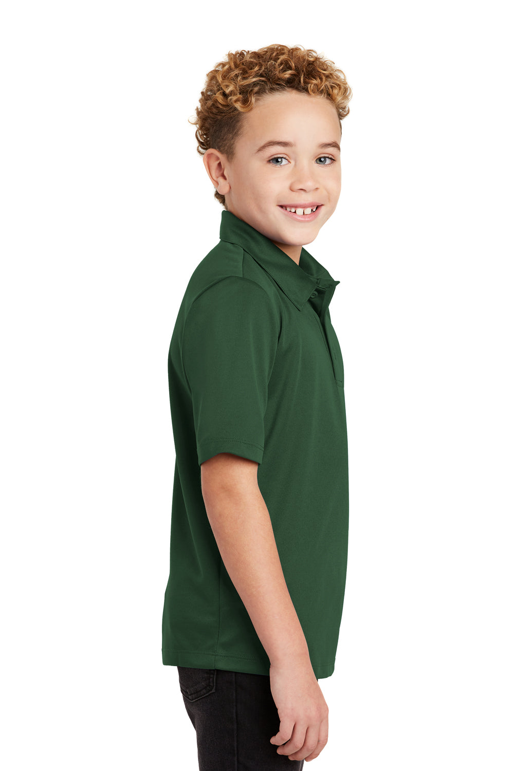 Port Authority Y540 Youth Silk Touch Performance Moisture Wicking Short Sleeve Polo Shirt Dark Green Model Side