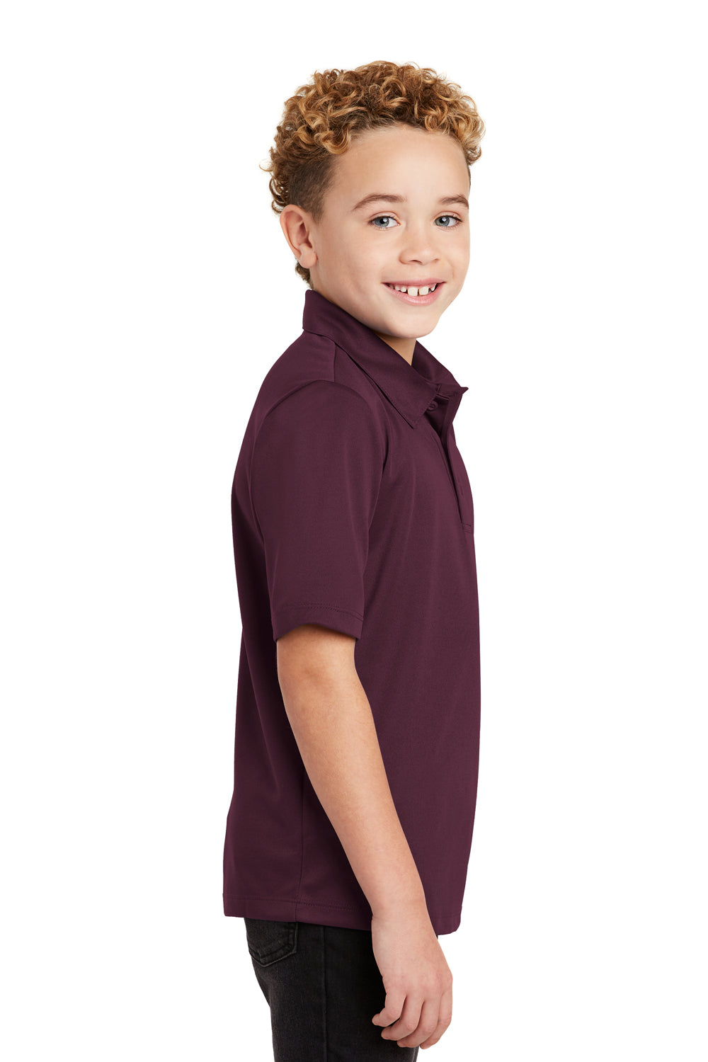 Port Authority Y540 Youth Silk Touch Performance Moisture Wicking Short Sleeve Polo Shirt Maroon Model Side