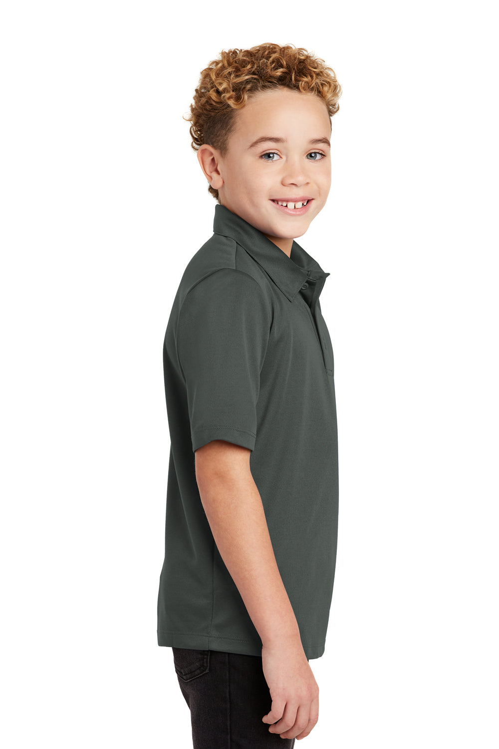 Port Authority Y540 Youth Silk Touch Performance Moisture Wicking Short Sleeve Polo Shirt Steel Grey Model Side