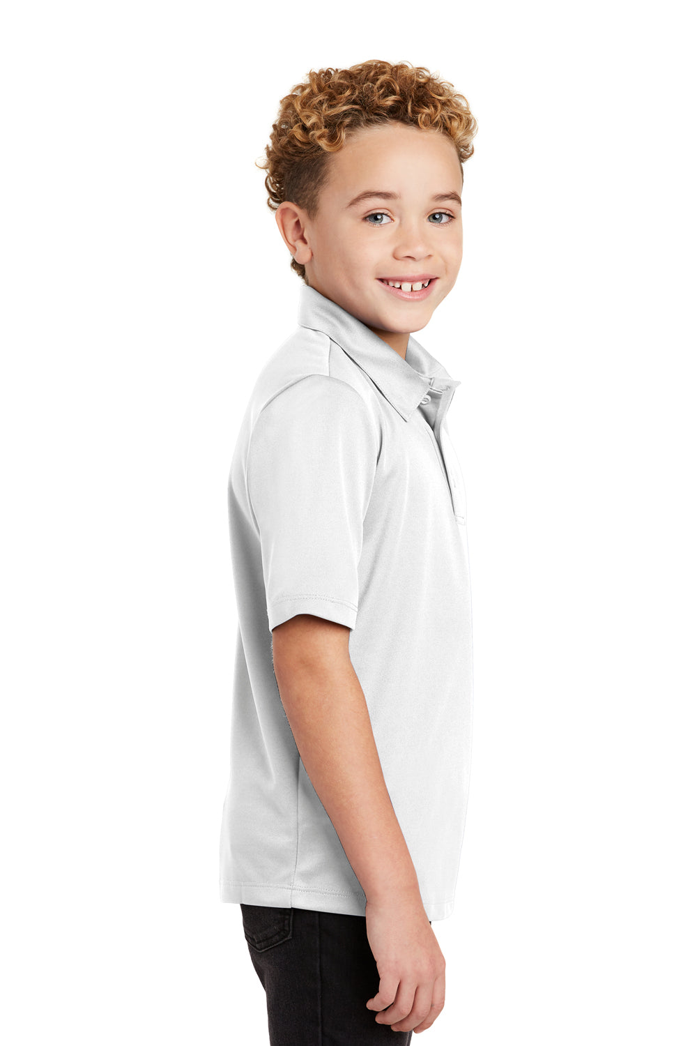 Port Authority Y540 Youth Silk Touch Performance Moisture Wicking Short Sleeve Polo Shirt White Model Side