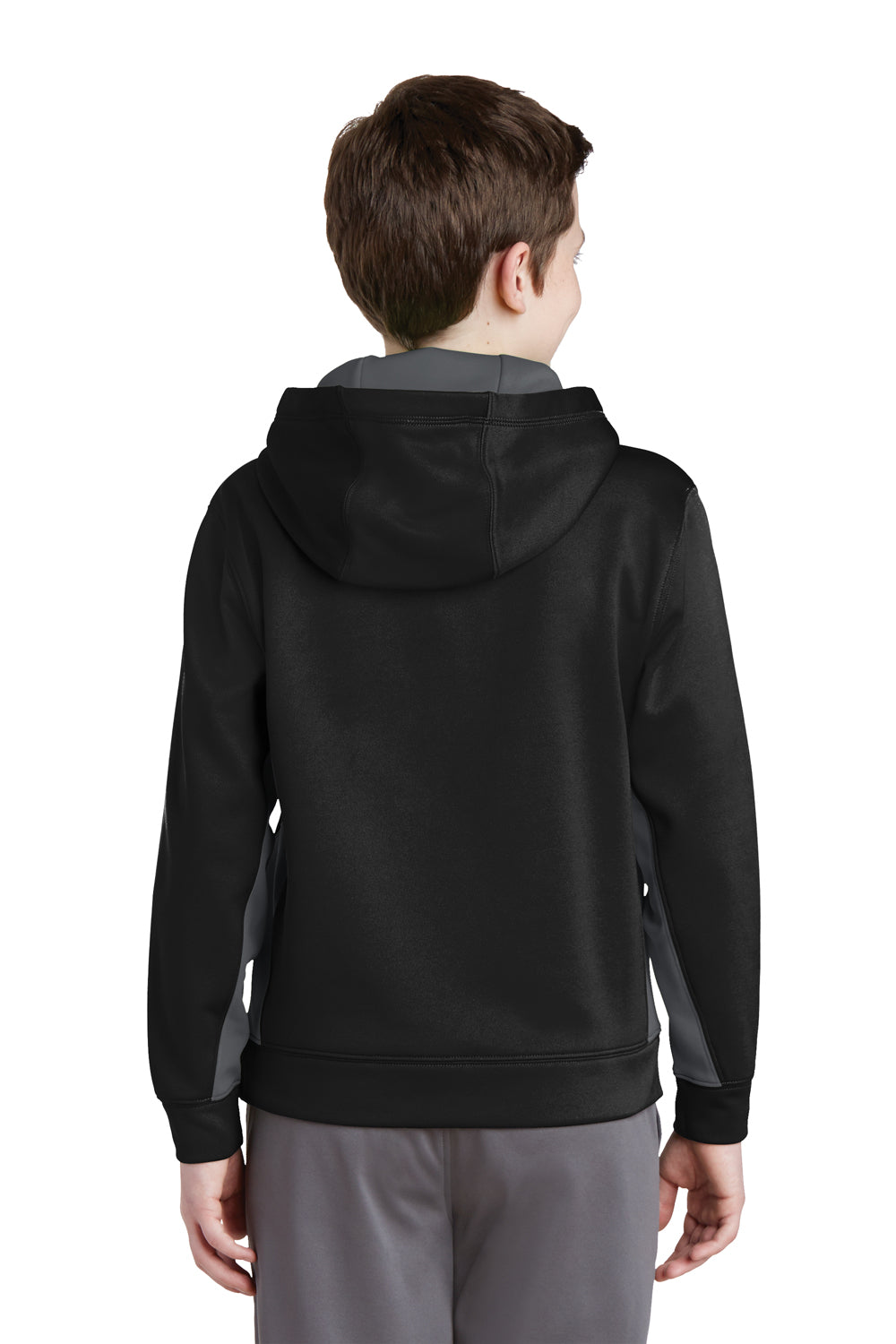 Sport-Tek YST235 Youth Sport-Wick Moisture Wicking Fleece Hooded Sweatshirt Hoodie Black/Dark Smoke Grey Model Back