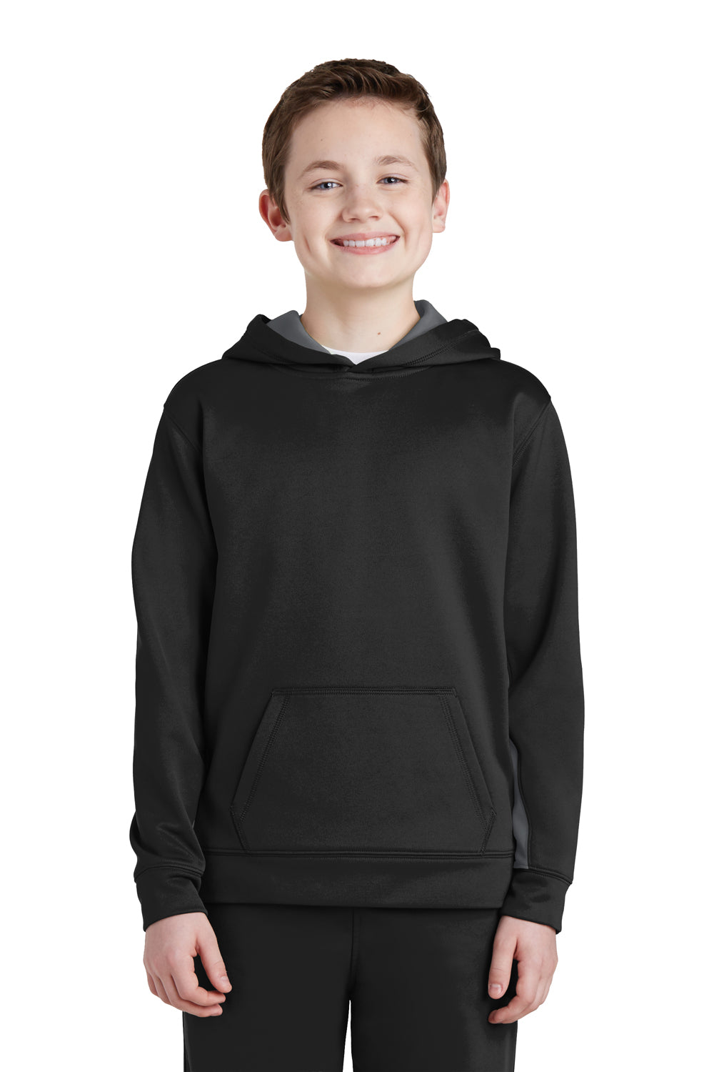 Sport-Tek YST235 Youth Sport-Wick Moisture Wicking Fleece Hooded Sweatshirt Hoodie Black/Dark Smoke Grey Model Front