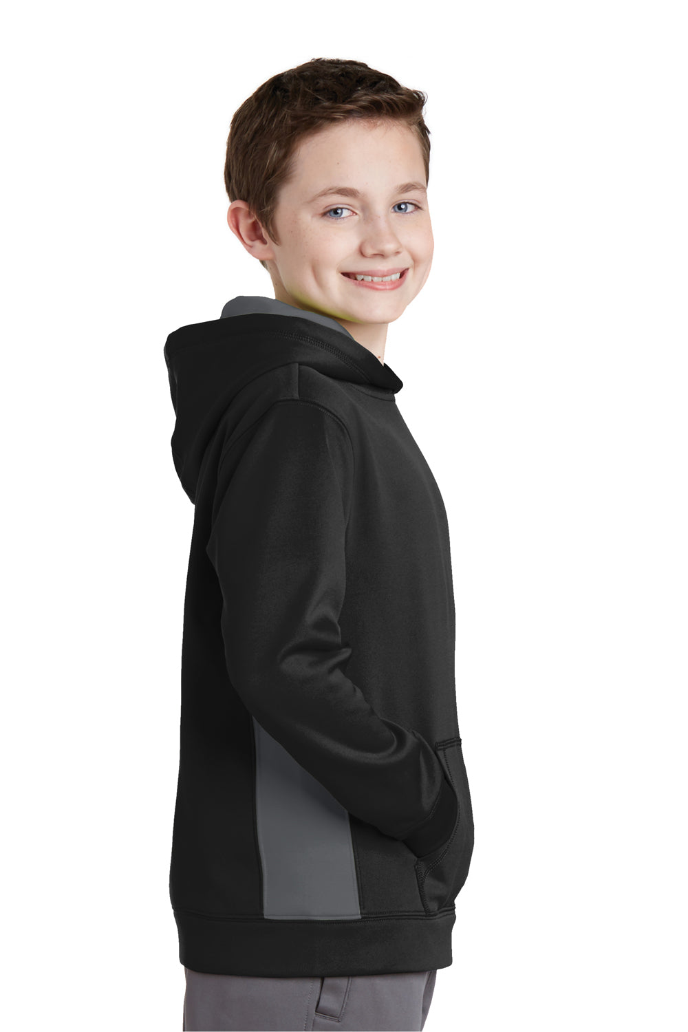 Sport-Tek YST235 Youth Sport-Wick Moisture Wicking Fleece Hooded Sweatshirt Hoodie Black/Dark Smoke Grey Model Side