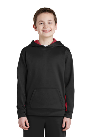 Sport-Tek YST235 Youth Sport-Wick Moisture Wicking Fleece Hooded Sweatshirt Hoodie Black/Deep Red Model Front