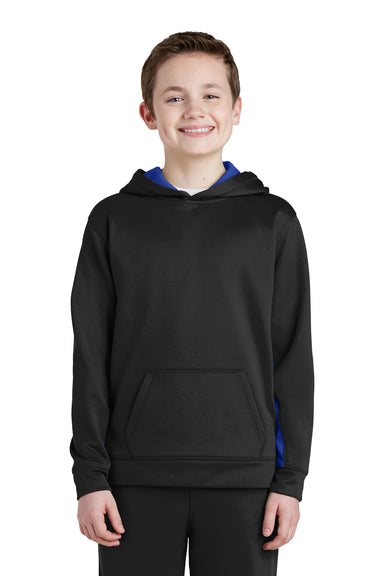 Sport-Tek YST235 Youth Sport-Wick Moisture Wicking Fleece Hooded Sweatshirt Hoodie Black/True Royal Blue Model Front