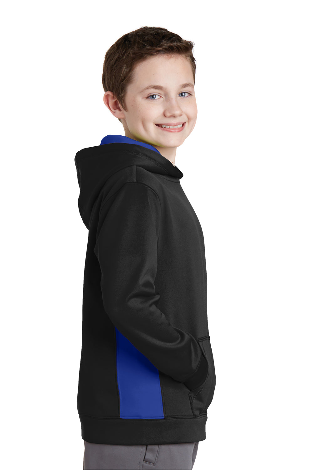 Sport-Tek YST235 Youth Sport-Wick Moisture Wicking Fleece Hooded Sweatshirt Hoodie Black/True Royal Blue Model Side