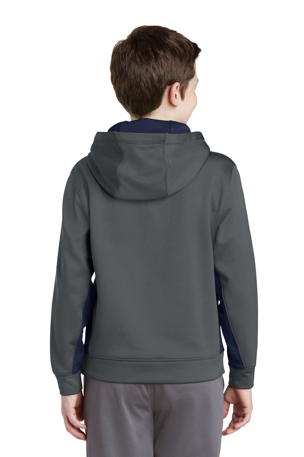 Sport-Tek YST235 Youth Sport-Wick Moisture Wicking Fleece Hooded Sweatshirt Hoodie Dark Smoke Grey/True Navy Blue Model Back