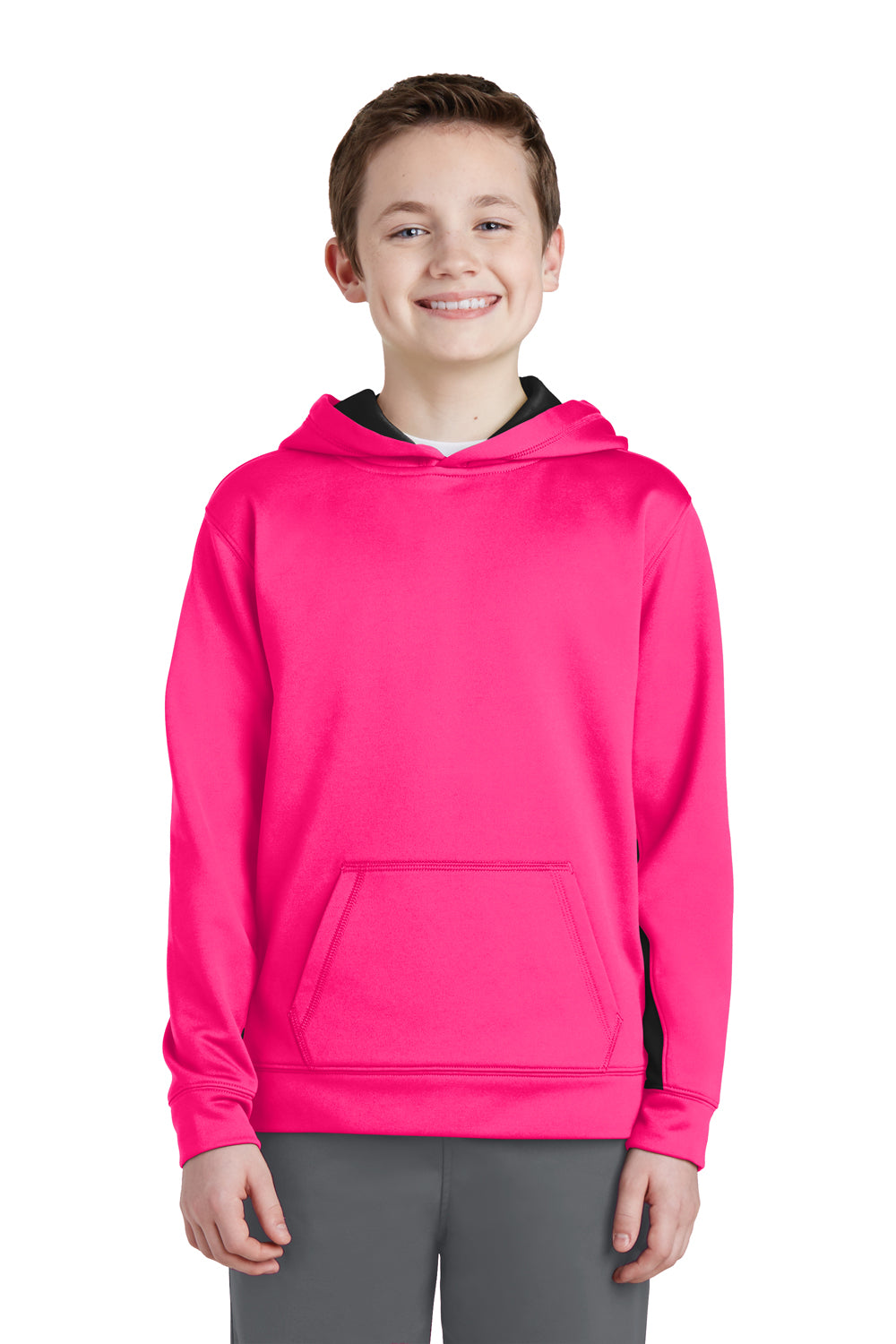 Sport-Tek YST235 Youth Sport-Wick Moisture Wicking Fleece Hooded Sweatshirt Hoodie Neon Pink/Black Model Front