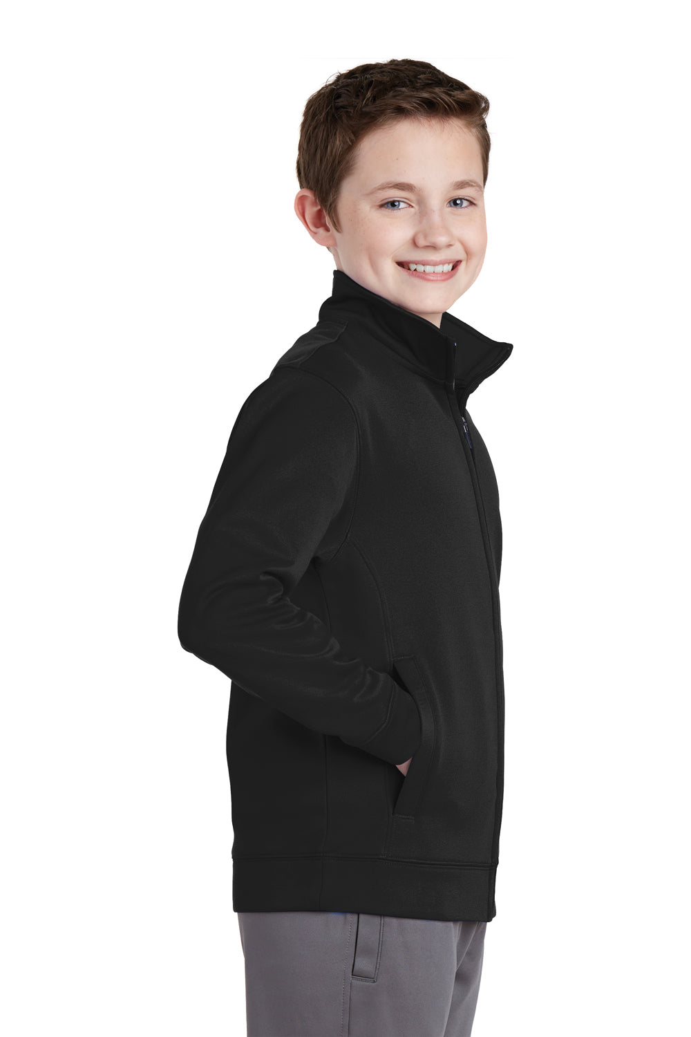 Sport-Tek YST241 Youth Sport-Wick Moisture Wicking Fleece Full Zip Sweatshirt Black Model Side